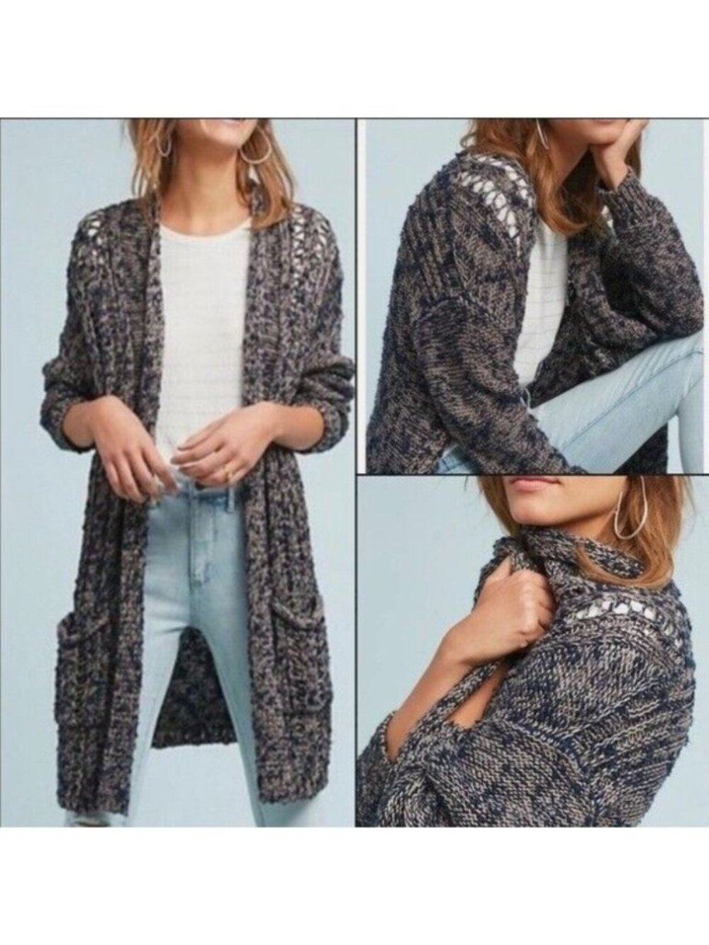 Anthropology Akemi Kin Cardigan Size Small Alta Chunky Longline Navy Blue Marled
